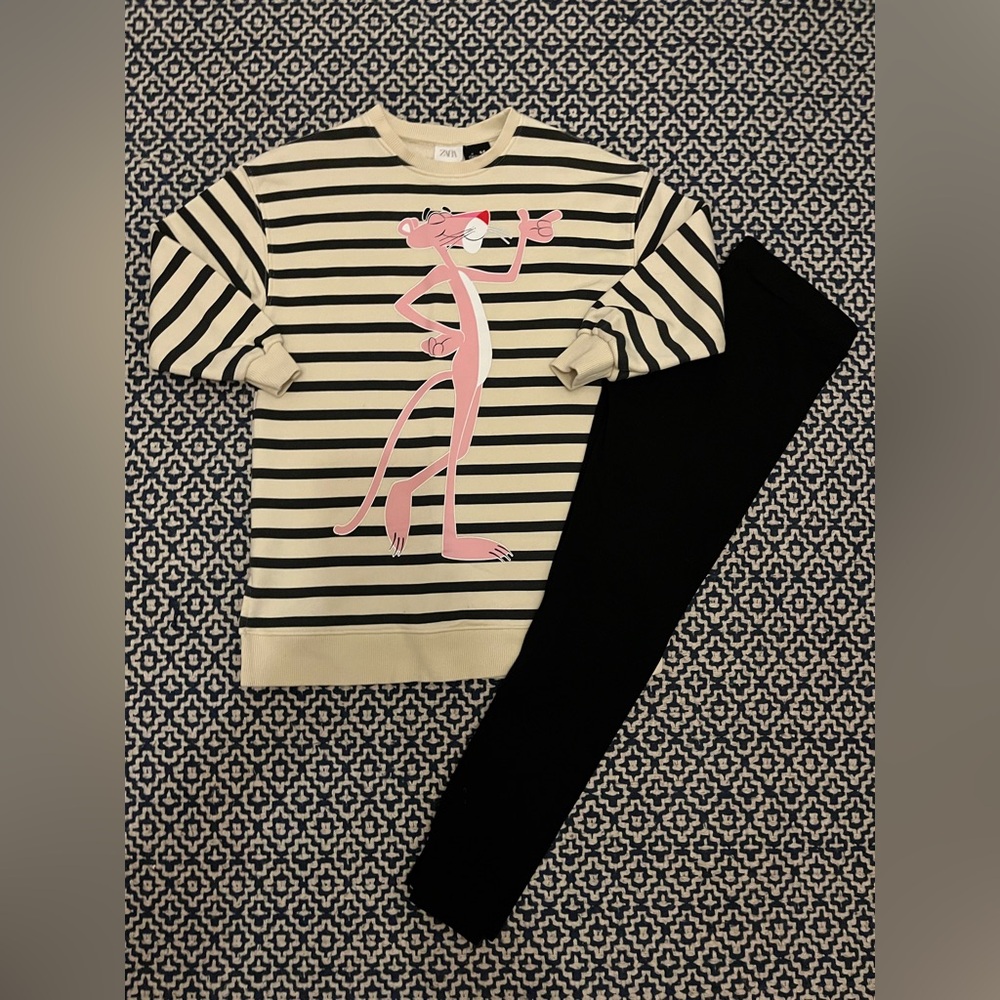 Zara Stripe Pink Panther Tunic & black leggings